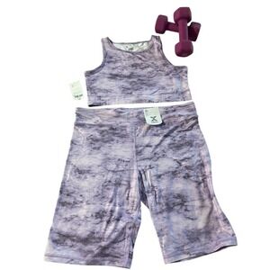 Xersion Quick-Dri 2 Piece Set Crop Top Bike Shorts Iris Bloom Purple XL 18.5P